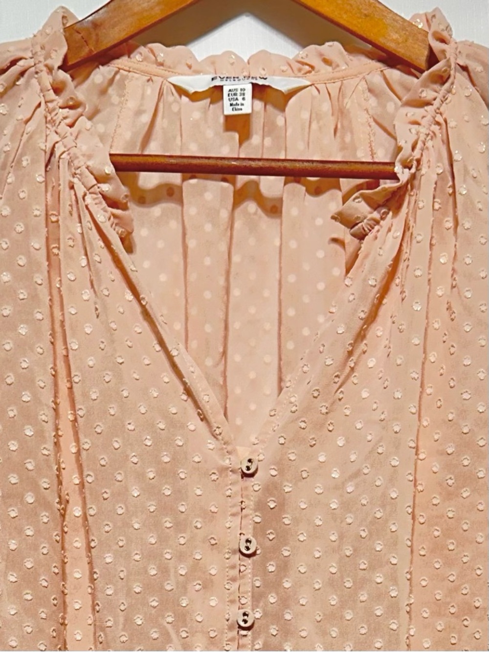 EVER NEW | Peach Blush Gold Metallic Dot Ruffle Coquette Poetcore Blouse Boho - Picture 2 of 10